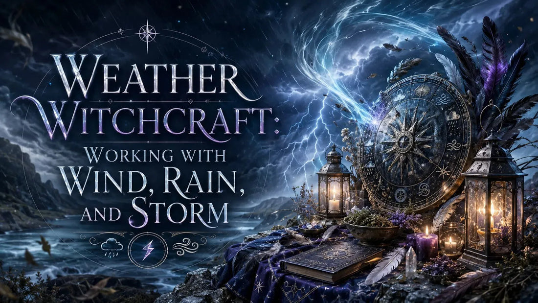 Weather witchcraft tools and rituals for working with wind, rain, and storm under a dramatic night sky
