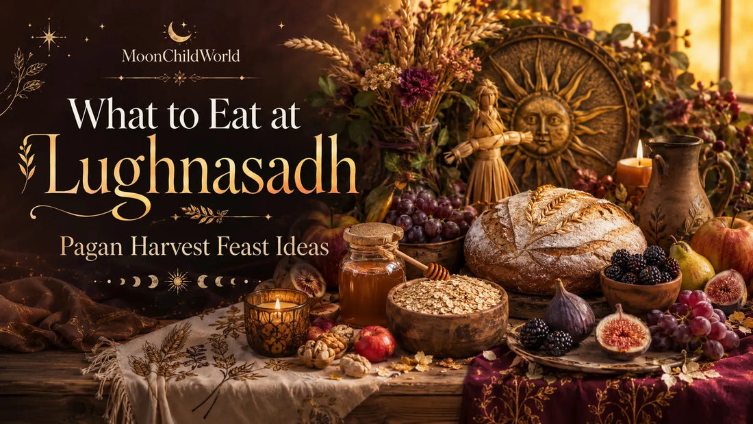 Traditional Lughnasadh harvest feast with fresh bread, honey, fruit, and grains for pagan celebration ideas
