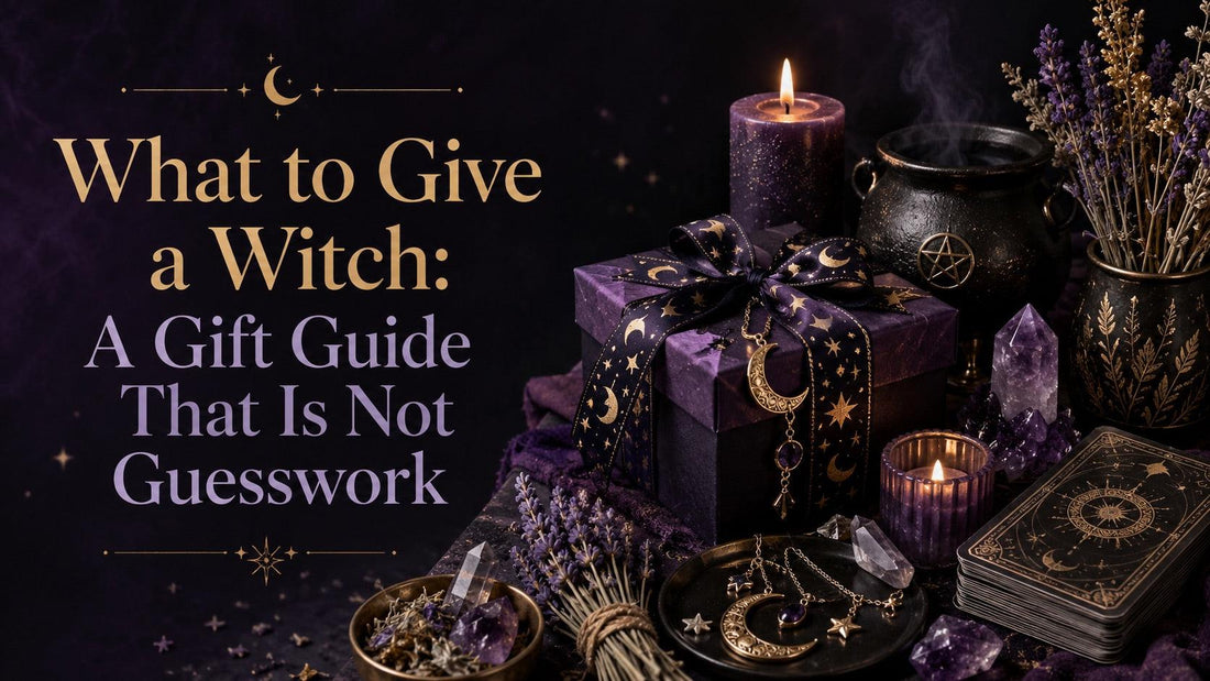 Magical witch gift guide featuring crystals, tarot cards, candles, and mystical accessories for unique present ideas