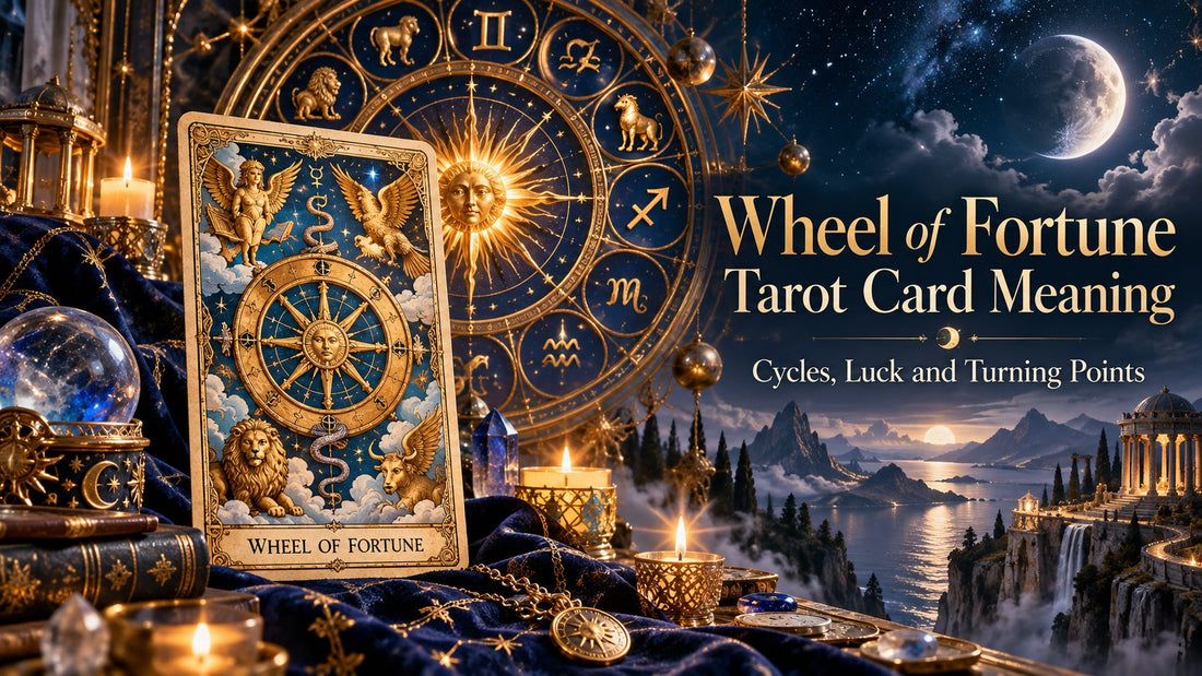 Wheel of Fortune tarot card meaning banner with the Wheel of Fortune card on a candlelit altar
