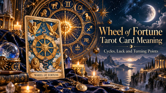 Wheel of Fortune tarot card meaning banner with the Wheel of Fortune card on a candlelit altar