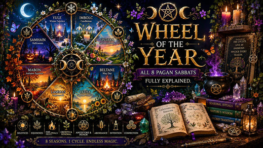 Wheel of the year illustrated with all eight pagan sabbats, seasonal rituals, and magical symbols