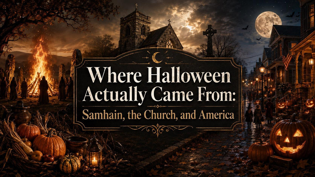 Halloween origins illustrated with Samhain bonfire, church, pumpkins, and children trick-or-treating on a moonlit street