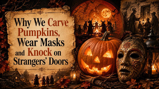 Carving pumpkins, wearing masks, and knocking on doors are classic Halloween traditions explained in this festive scene