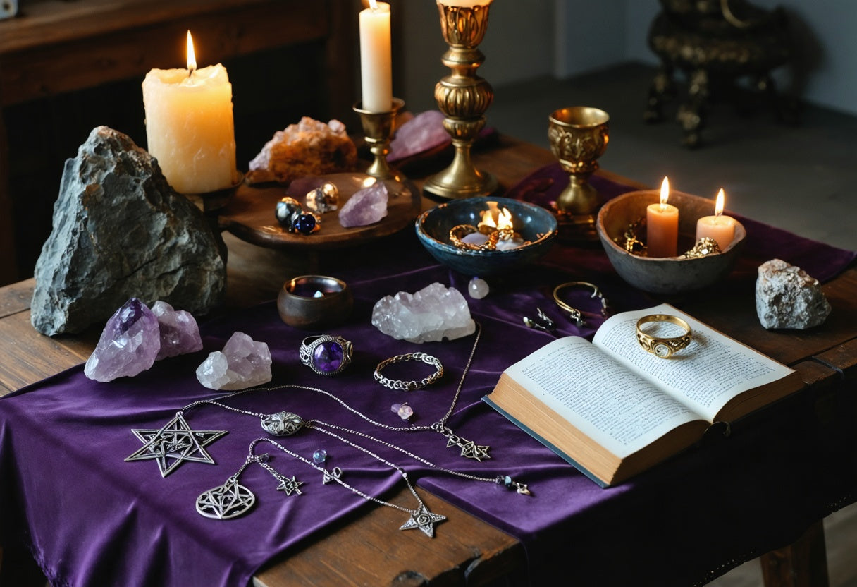 Magical altar with Wiccan Pagan jewelry, witchcraft accessories, crystals, candles, and an open spellbook