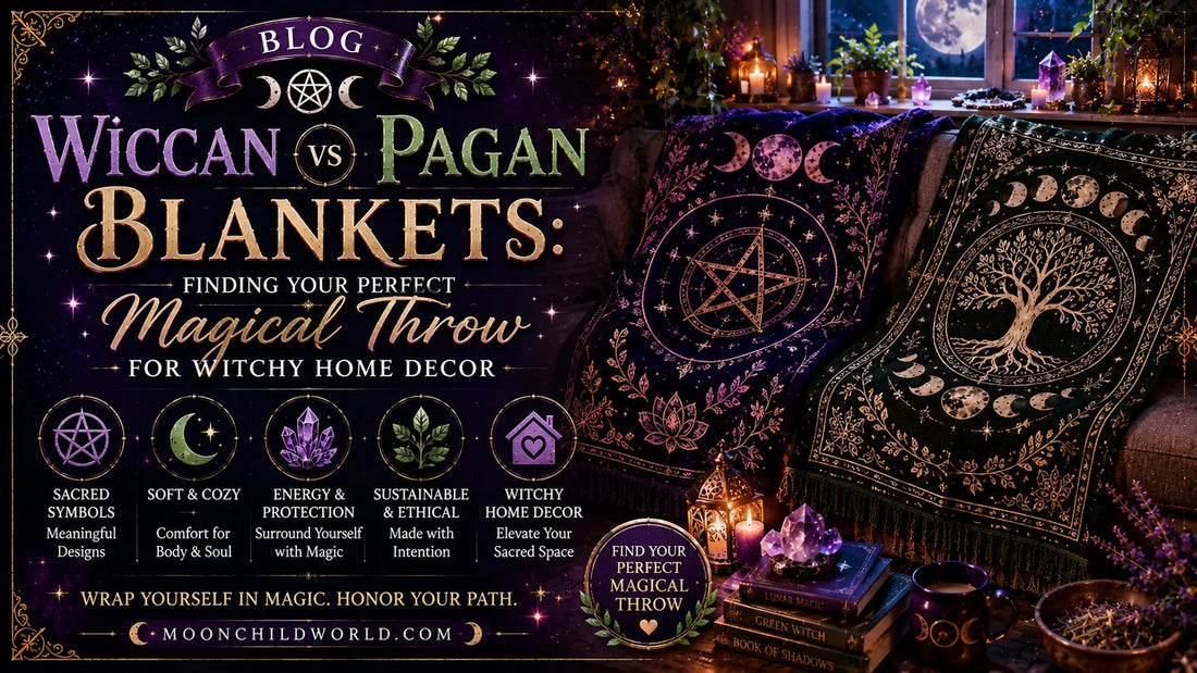 Cozy witchy home decor featuring a wicca blanket with pagan symbols and moon phases for mystical inspiration