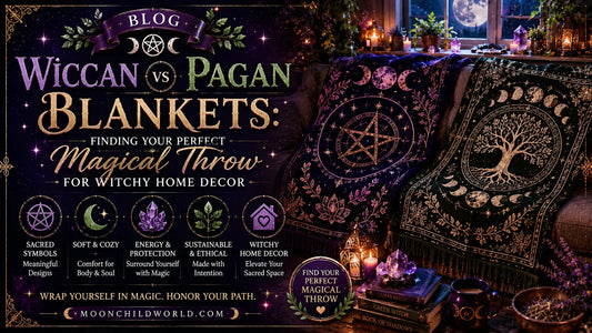 Cozy witchy home decor featuring a wicca blanket with pagan symbols and moon phases for mystical inspiration
