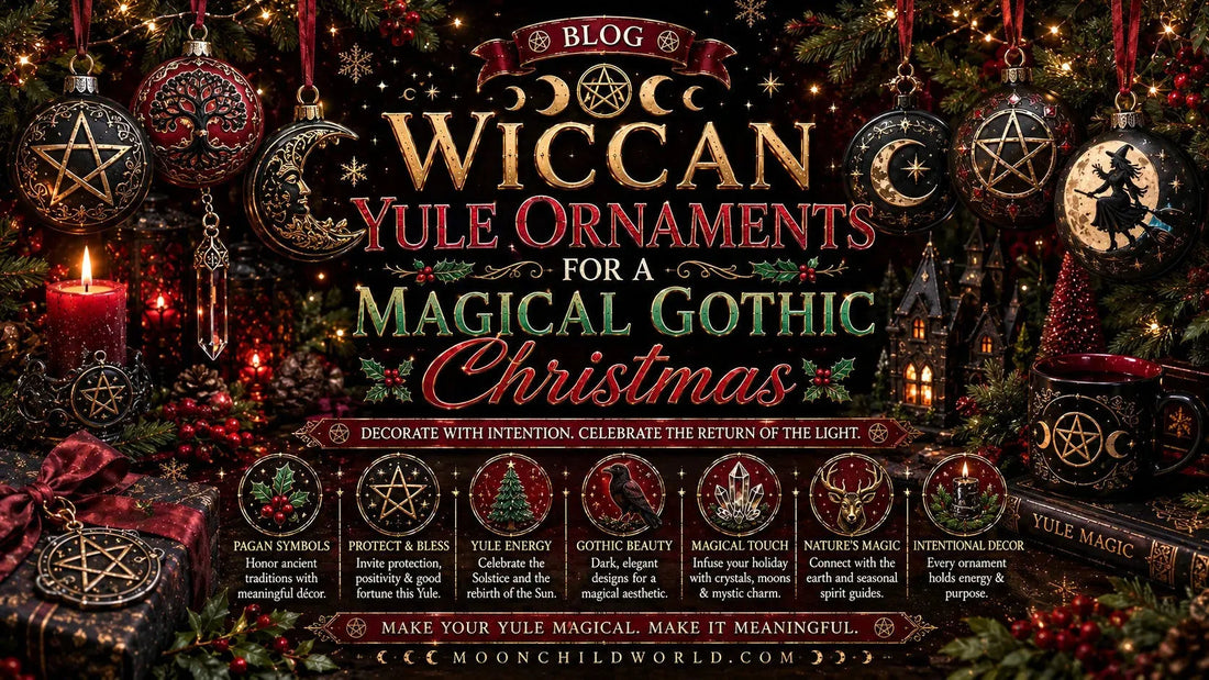 Wiccan Yule ornaments and witchy Christmas decor for a magical gothic Christmas celebration