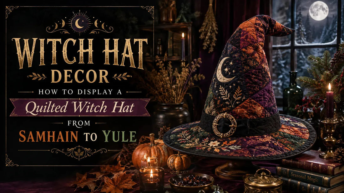 Quilted witch hat decor with autumn and winter accents for seasonal home inspiration