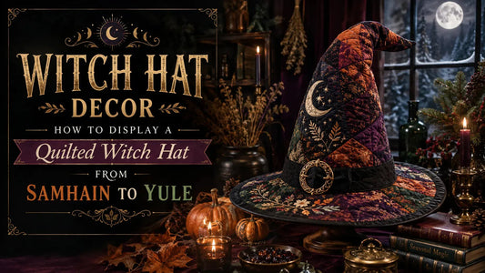 Quilted witch hat decor with autumn and winter accents for seasonal home inspiration