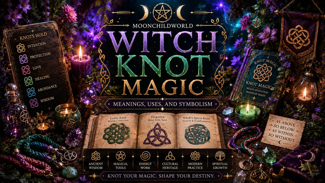Witch knot magic altar with candles, crystals, and books for exploring witch knot meanings and uses