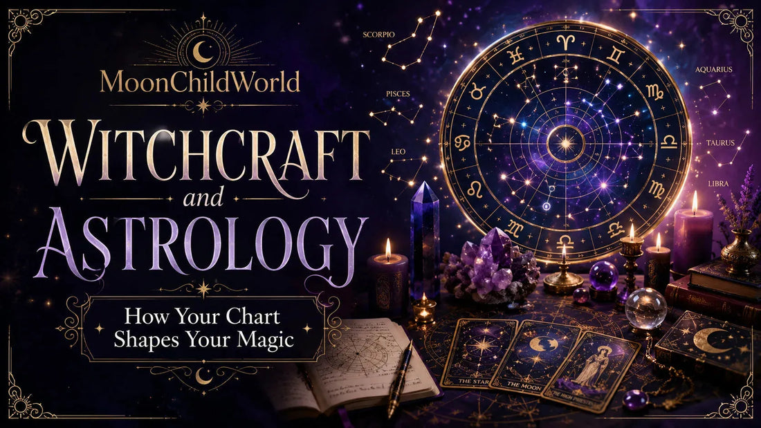 Witchcraft and astrology guide with zodiac chart, tarot cards, crystals, and candles for magical inspiration