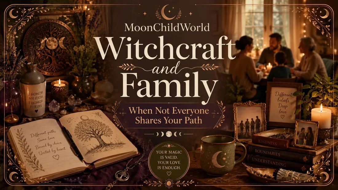 Witchcraft and family theme with candles, crystals, and a loving family gathering around a candlelit table