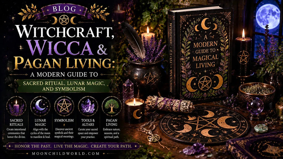 Modern guide to witchcraft and pagan living with ritual tools, candles, crystals, and magical symbols for spiritual inspiration
