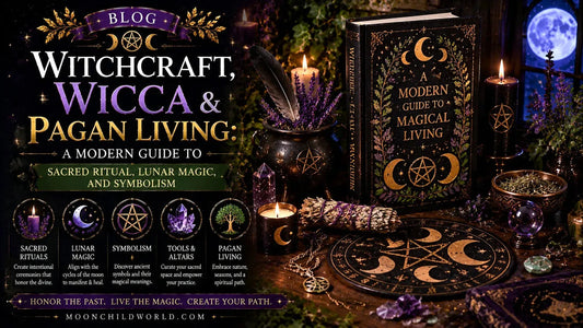 Modern guide to witchcraft and pagan living with ritual tools, candles, crystals, and magical symbols for spiritual inspiration
