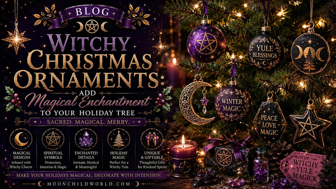 Witchy Christmas ornaments featuring pentacles, moons, and mystical symbols on a cozy, candlelit tree for magical decor