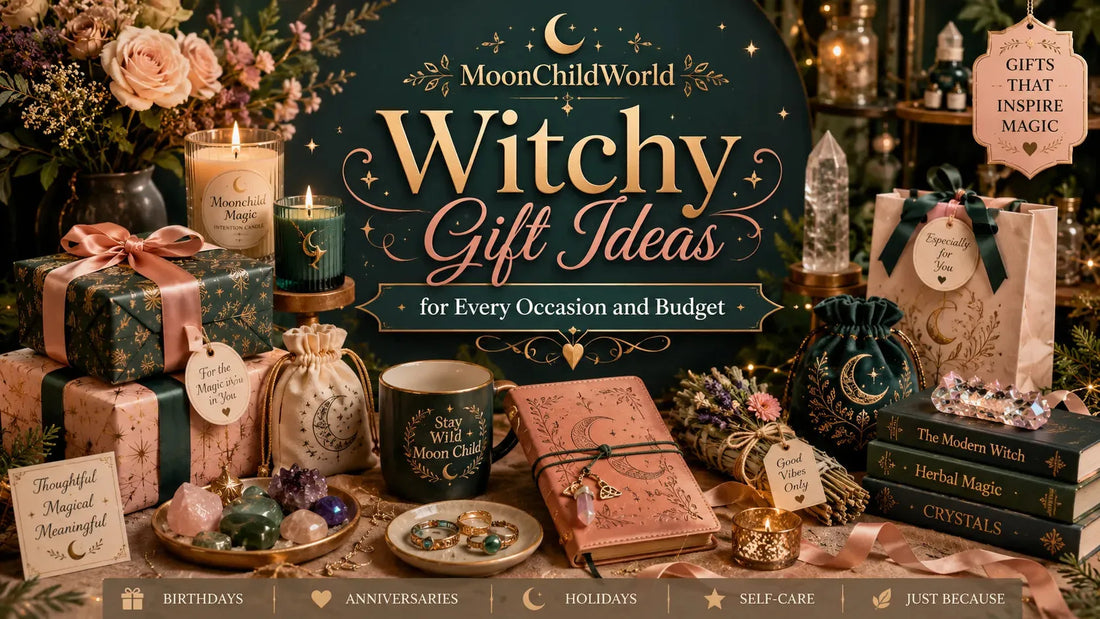 Witchy gift ideas featuring magical candles, crystals, books, and unique presents for every occasion