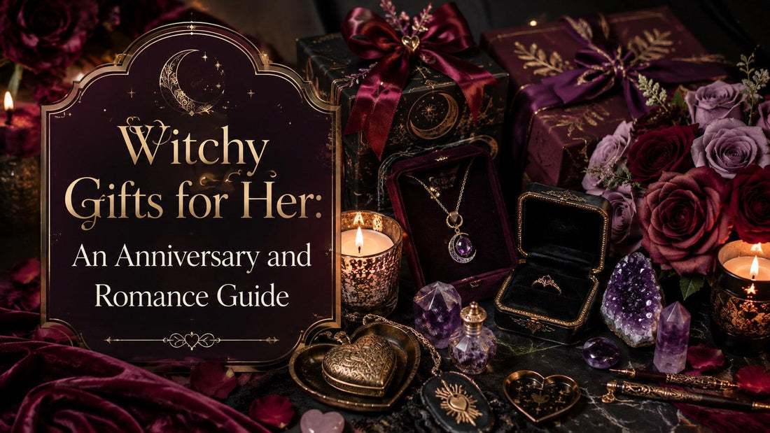 Witchy gifts for her including mystical jewelry, candles, and romantic flowers for anniversary inspiration