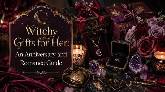 Witchy gifts for her including mystical jewelry, candles, and romantic flowers for anniversary inspiration