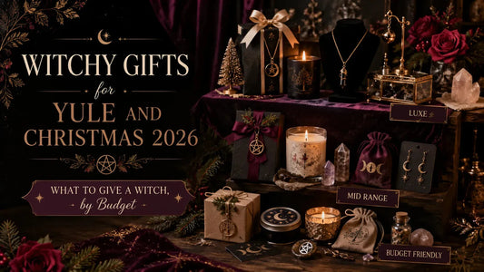 Witchy gifts for Yule and Christmas 2026 displayed by budget, featuring candles, crystals, and mystical jewelry