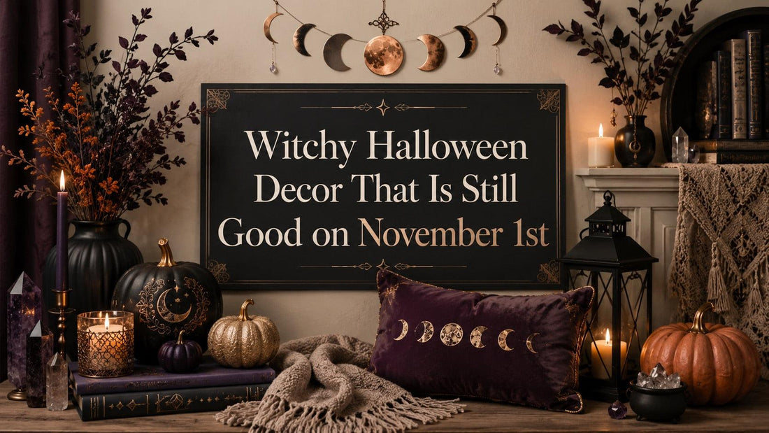 Cozy witchy Halloween decor with pumpkins, candles, and celestial accents for stylish November home inspiration
