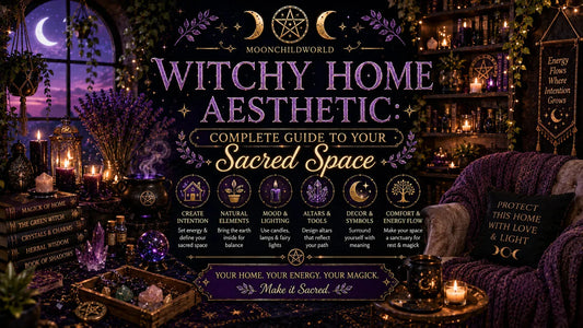 Cozy witchy home aesthetic with crystals, candles, and mystical decor for creating a sacred space