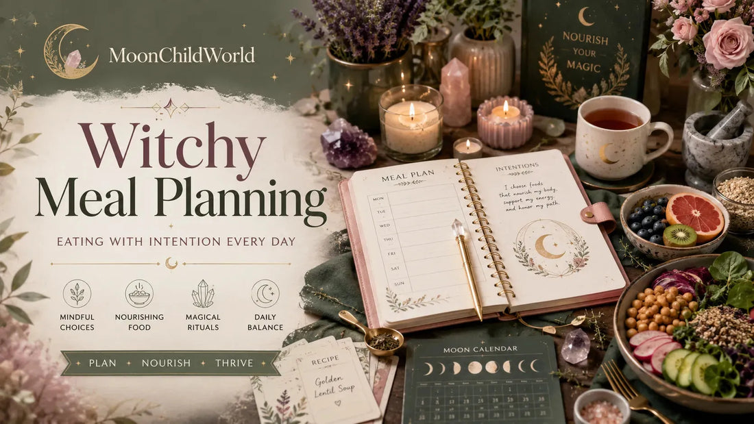 Witchy meal planning with a journal, crystals, candles, and nourishing foods for mindful eating rituals
