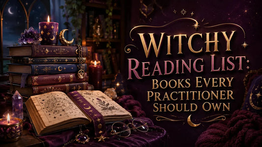 Stack of magical books, candles, and crystals create a mystical vibe for a witchy reading list