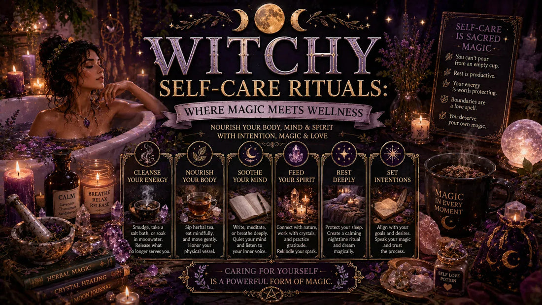 Woman practicing witchy self-care rituals in a magical candlelit bath with crystals and herbal wellness items