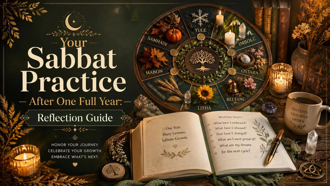 Sabbat practice reflection guide with a seasonal wheel, journal prompts, candles, and spiritual decor for year-end review