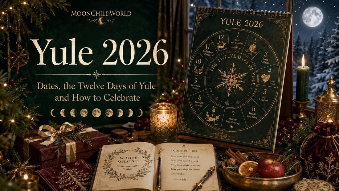 Yule 2026 celebration guide with festive decorations, candles, and a calendar for the twelve days of Yule