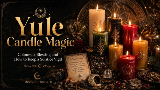 Yule candle magic with colorful decorated candles, crystals, and solstice blessing for winter rituals