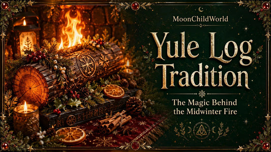 Festive yule log tradition with decorated log, candles, and evergreens celebrating the magic of midwinter fire
