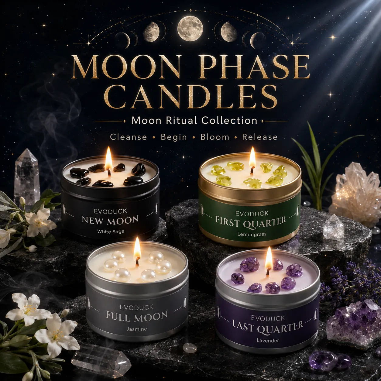 Moon Phase Scented Candles - Crystal Energy Soy Wax Candles 3oz-MoonChildWorld