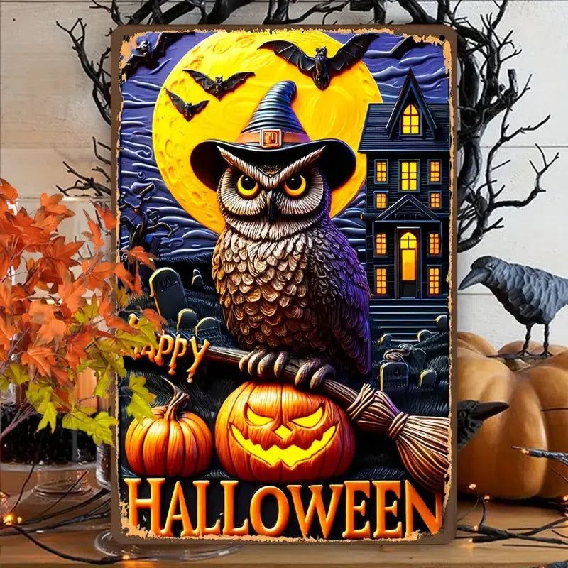 Owl & Pumpkin Metal Sign Spooky Halloween Home Decor-MoonChildWorld