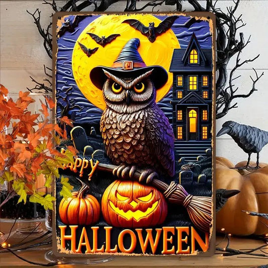 Owl & Pumpkin Metal Sign Spooky Halloween Home Decor