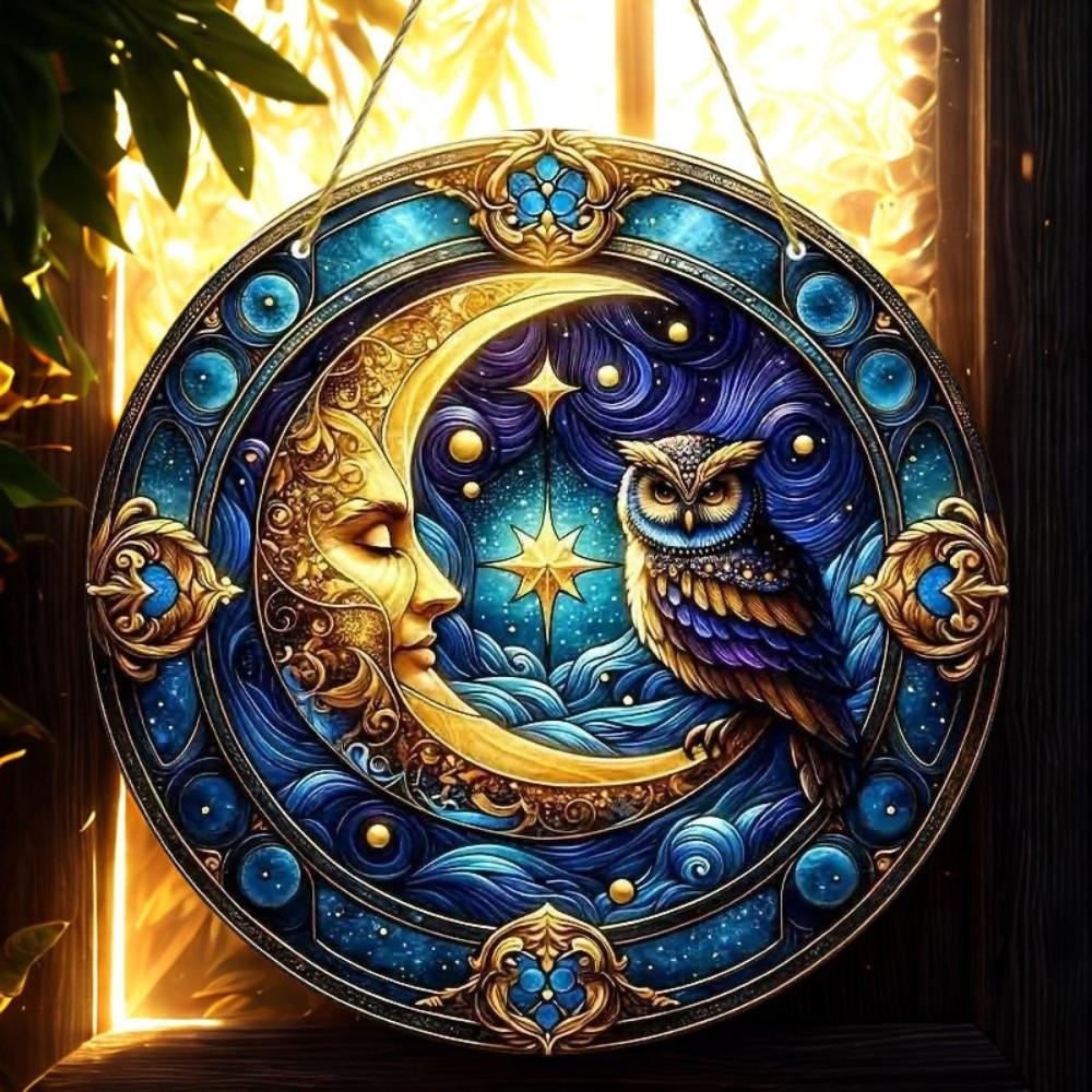 Owl Moon Suncatcher Celestial Acrylic Round Sign Aesthetic Home Decor