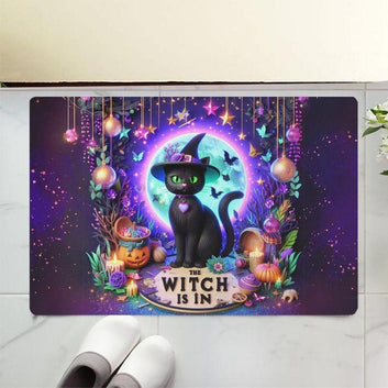 Witchy Black Cat Doormat for Halloween - Magic Moon Cat Doormat