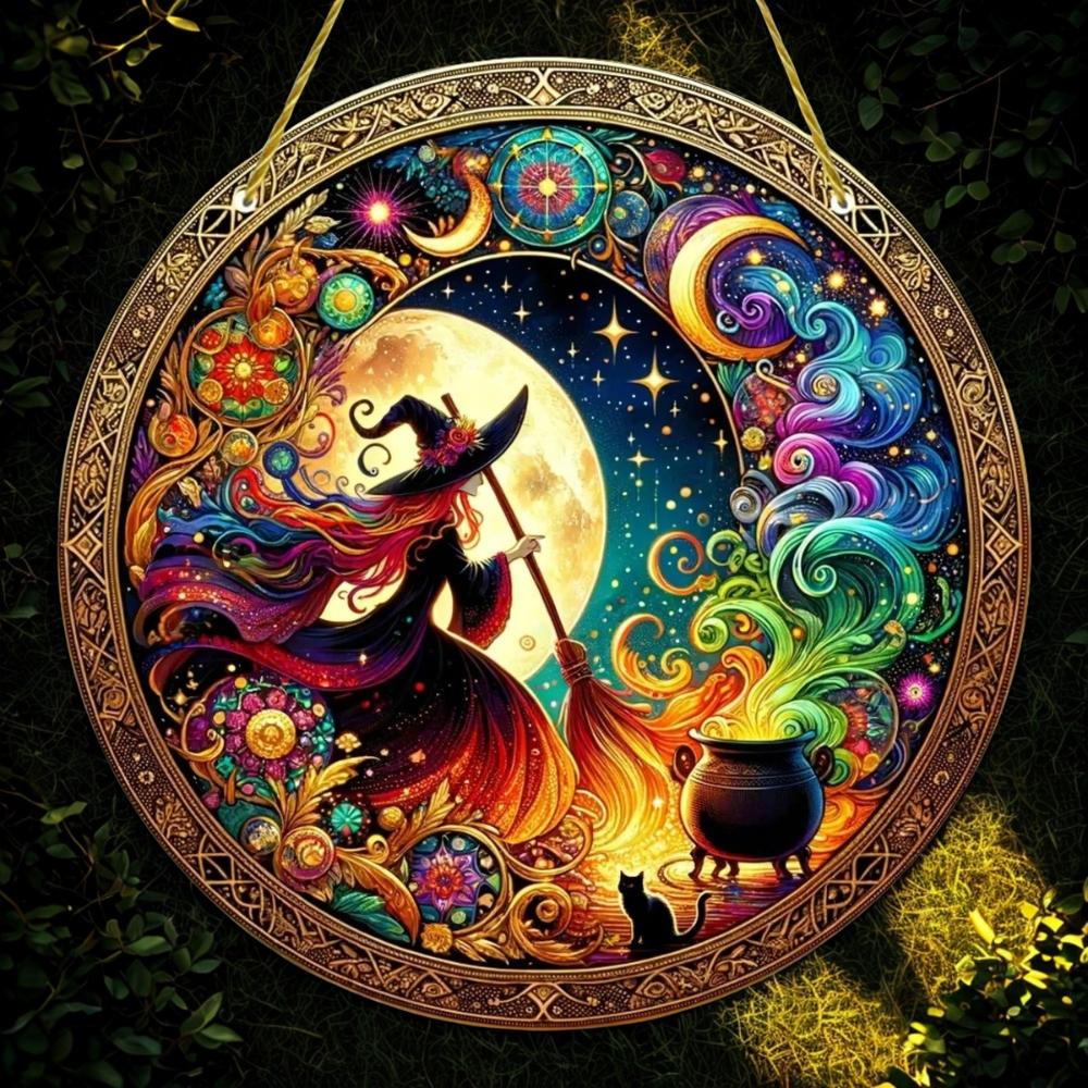 Witch Suncatcher Magic Acrylic Round Sign Halloween Window Hanging Decor