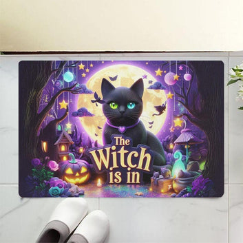 Witchy Black Cat Doormat for Halloween - Magic Moon Cat Doormat