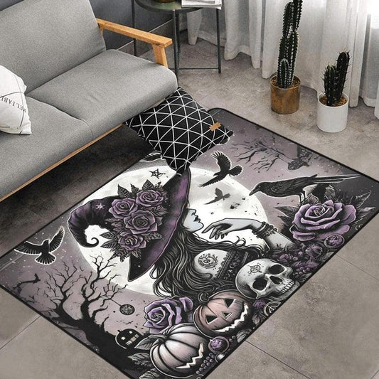 Moonlit Dark Witch Area Rug Gothic Witch Carpet for Halloween