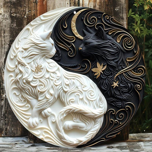 Yin Yang White and Black Cat Metal Sign