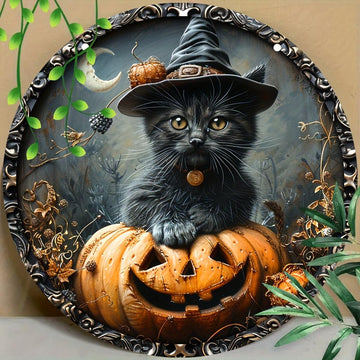 Witchy Black Cat Halloween Metal Sign Spooky Decor-MoonChildWorld