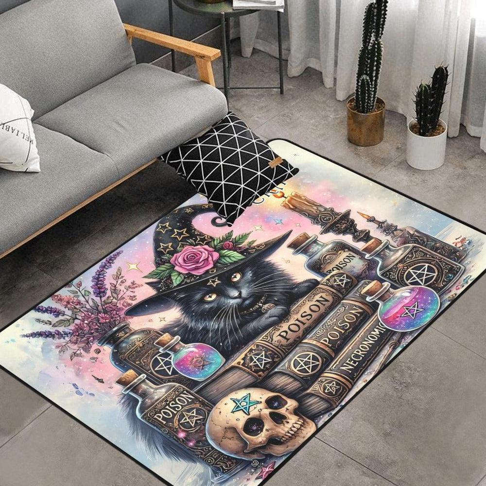 Gothic Black Cat Wiccan Area Rug Witchy Cat Witchcraft Carpet for Halloween-MoonChildWorld