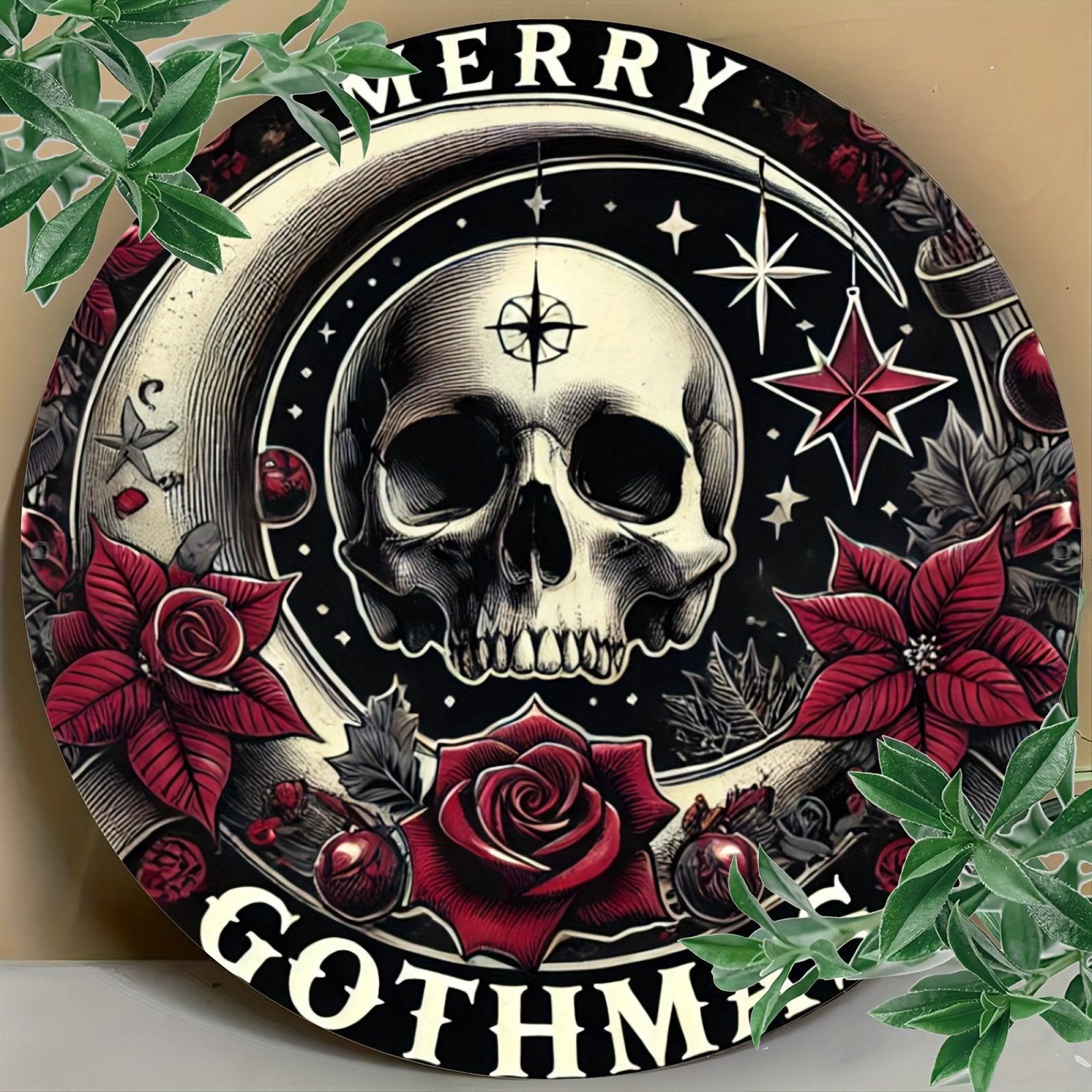 Merry Gothmas Wall Art Gothic Skull Metal Sign for Dark Christmas Decorations-MoonChildWorld