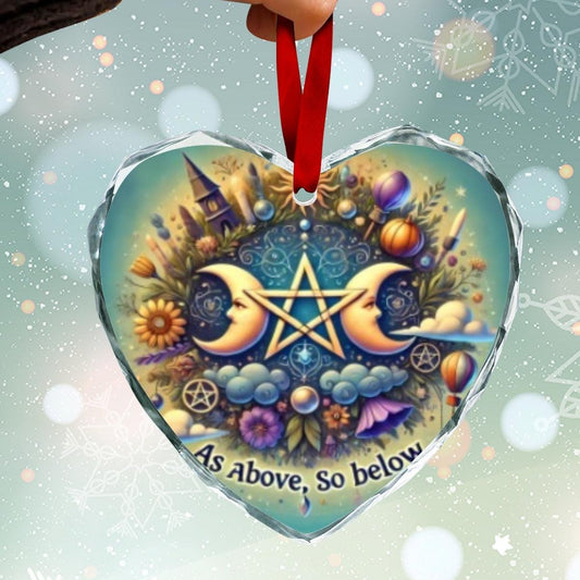 Pentagram Triple Moon Pagan Yule Heart-Shaped Crystal Glass Ornament