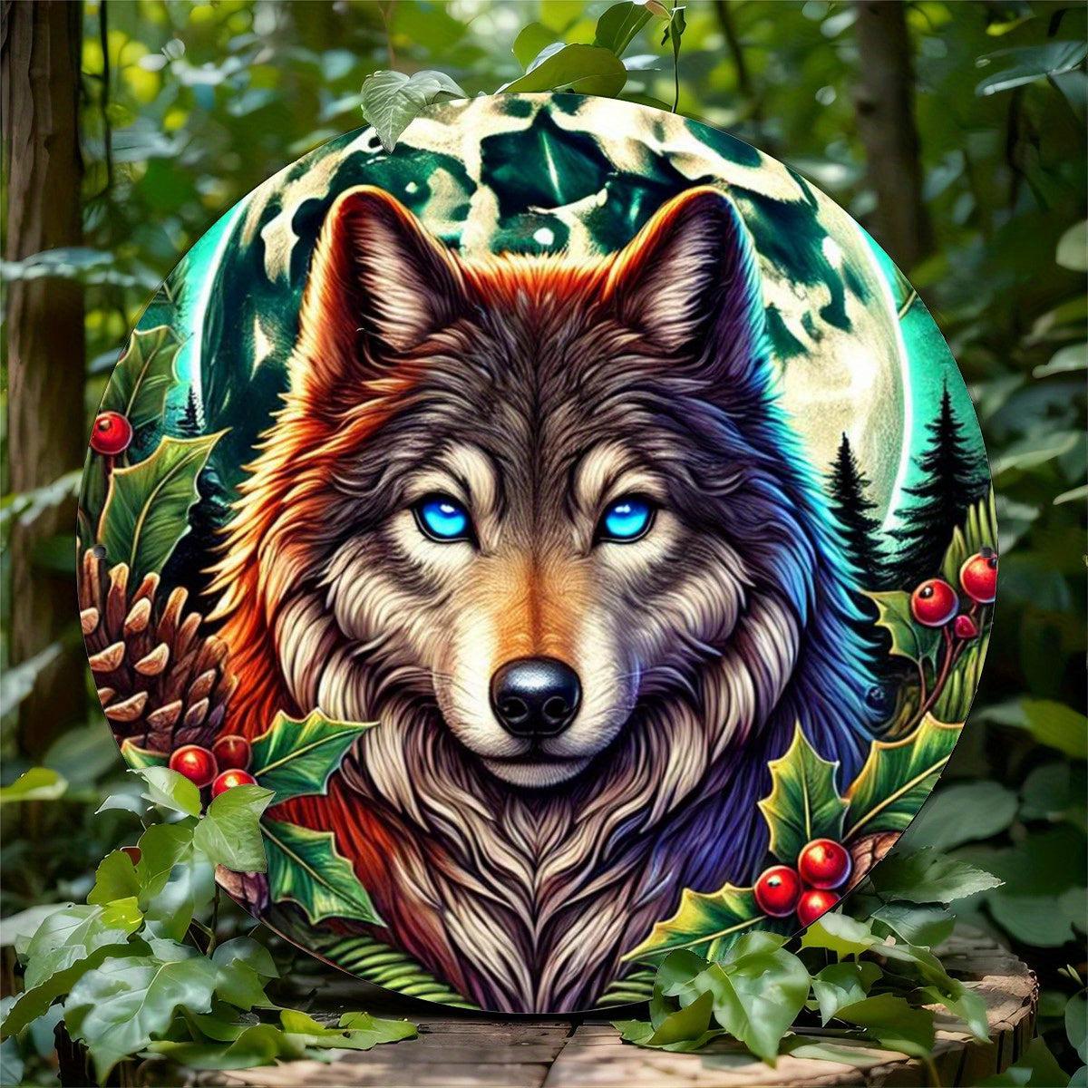 Moon Wolf Wall Art Christmas Wolf Metal Sign for Pagan Yule Decorations-MoonChildWorld