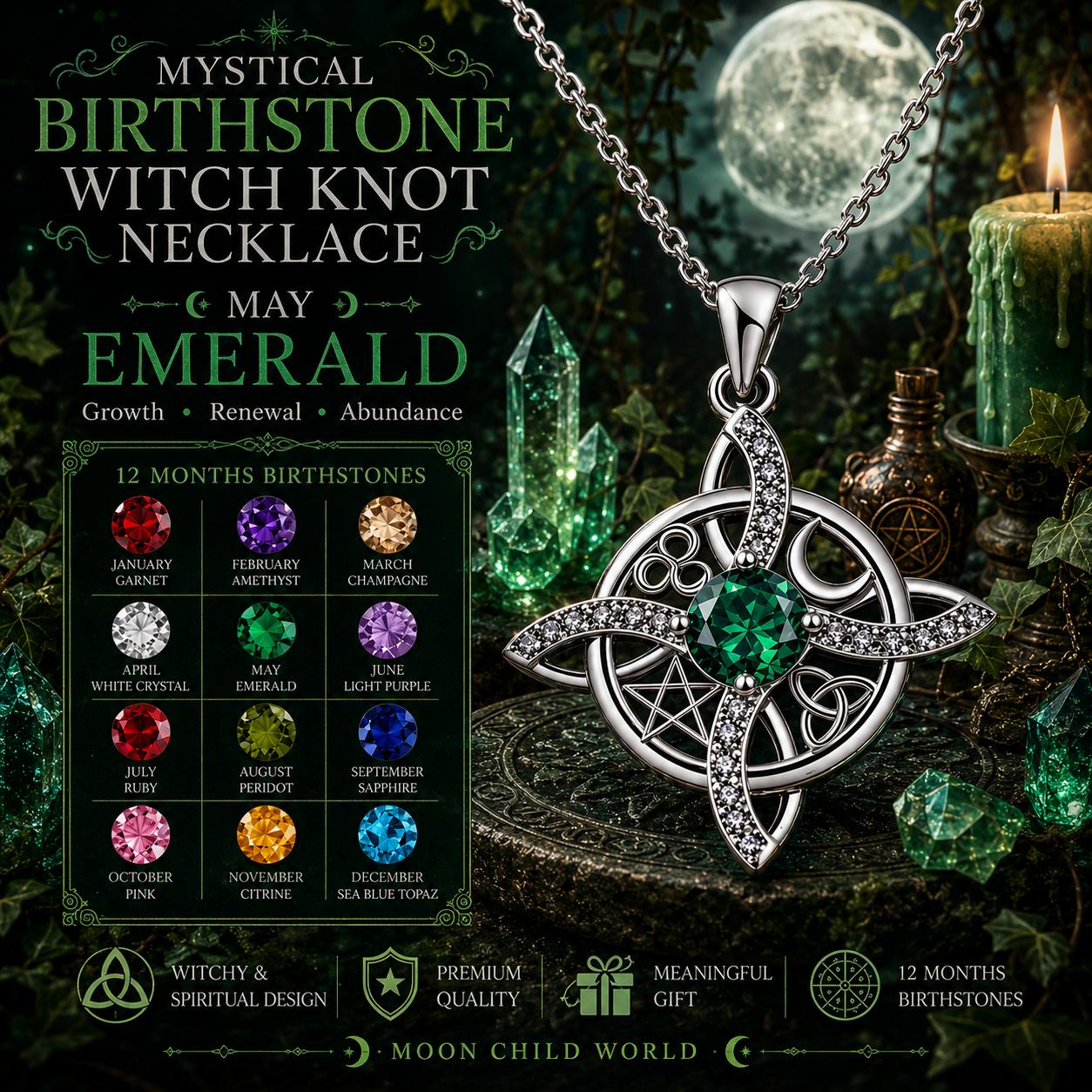 Emerald witch knot necklace with pentacle, moon, and crystals — mystical Wiccan jewelry for May birthstone.