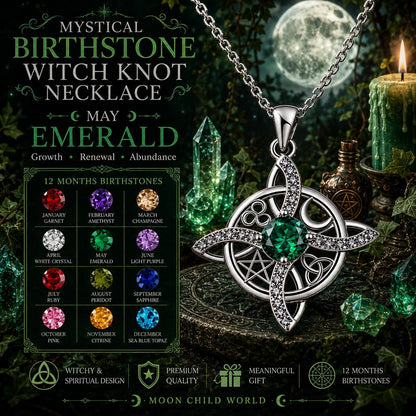 Emerald witch knot necklace with pentacle, moon, and crystals — mystical Wiccan jewelry for May birthstone.