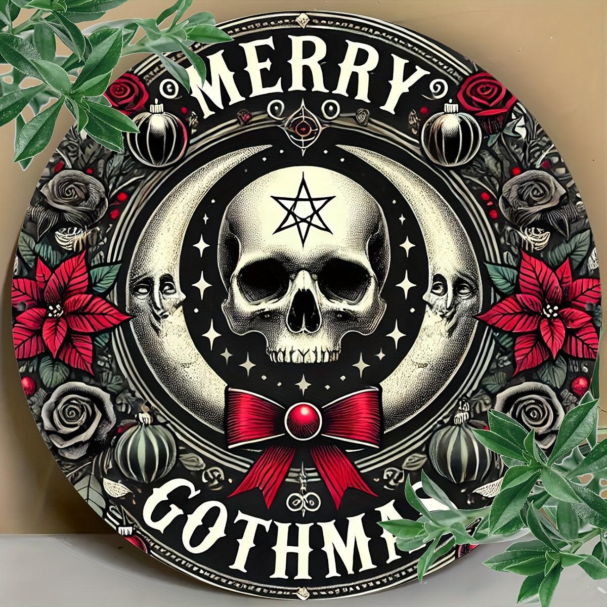 Merry Gothmas Wall Art Gothic Skull Metal Sign for Dark Christmas Decorations-MoonChildWorld